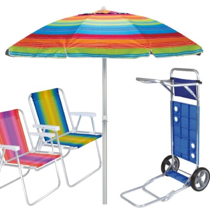 Kit Praia Guarda Sol 2m Carrinho Com Avanço Cadeira Alta Listrada De Alumínio - Mor - Laranja