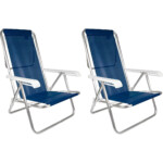 Kit 2 Cadeira Praia Alumínio Reforçada 8 Posições Reclinável Cor Azul-marinho