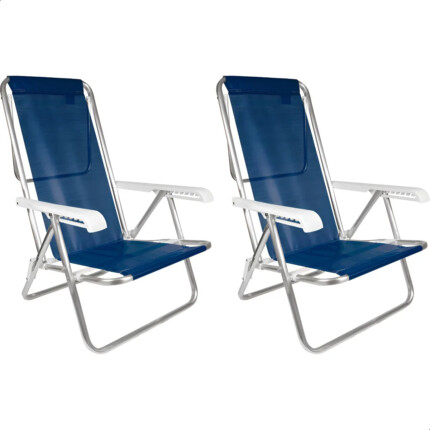 Kit 2 Cadeira Praia Alumínio Reforçada 8 Posições Reclinável Cor Azul-marinho
