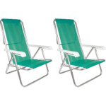 Kit 2 Cadeira Praia Alumínio Reforçada 8 Posições Reclinável Cor Verde
