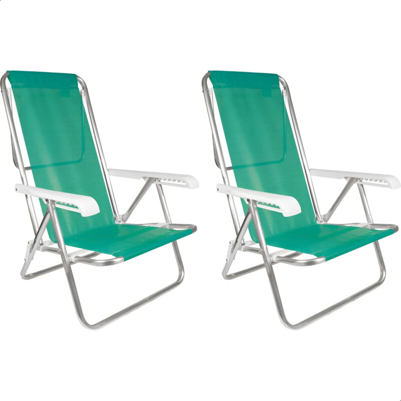 Kit 2 Cadeira Praia Alumínio Reforçada 8 Posições Reclinável Cor Verde